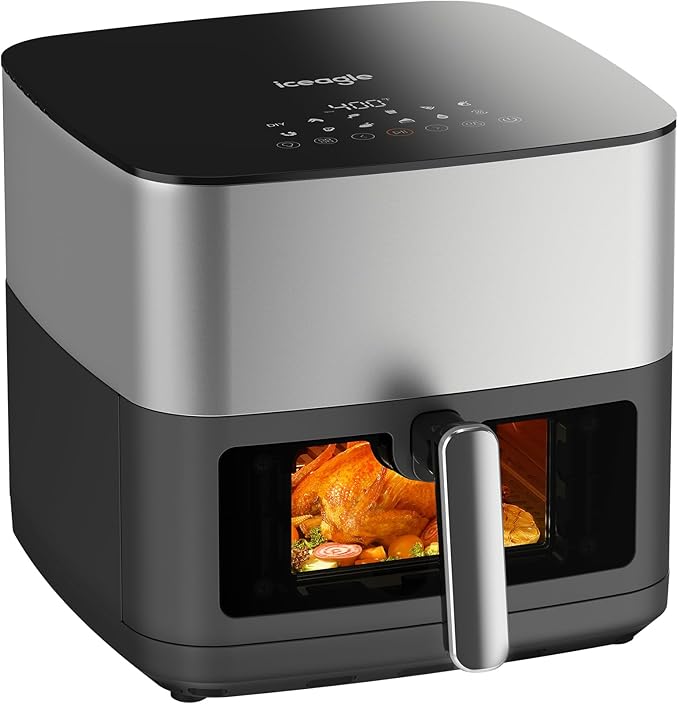 Iceagle Stainless Steel Air Fryer 9 Quart - Airfryer XXL with Large Viewing Window, Dual Heating Elements, 12-in-1 Function to Roast, Bake, Broil, Defrost, Reheat, Dishwasher-Safe Parts, 1700W, Siver
