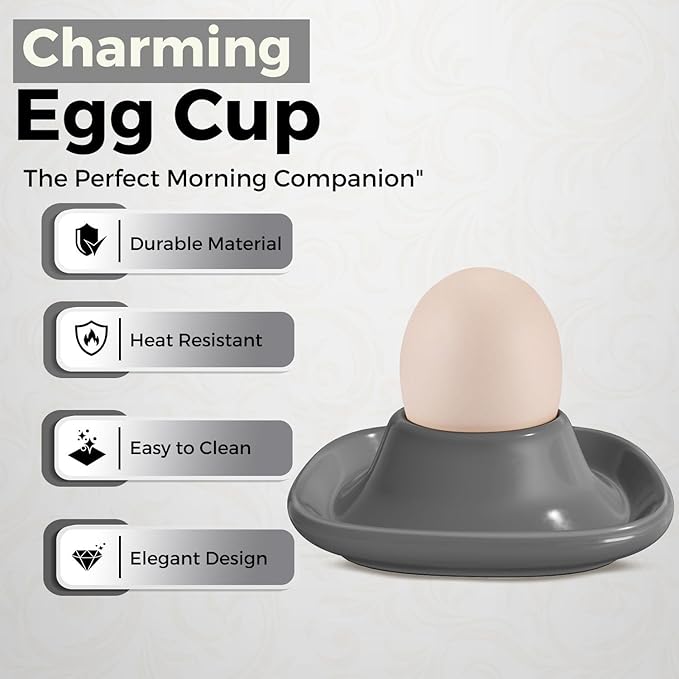 Flexzion Soft Boiled Egg Holder Set - 4-Piece Gray Ceramic Egg Cup, Stackable Egg Coddler Cups with Base for Serving, Breakfast, Brunch - Kitchen Table Decor, Gray