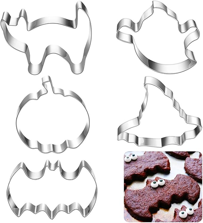 Halloween Cookie Cutters 5pcs, Cat Bat Pumpkin Magic Hat Cookie Cutter Sturdy Easy to Clean & Demold Pancake Dough Molds, Fondant Cutters for Baking Biscuit