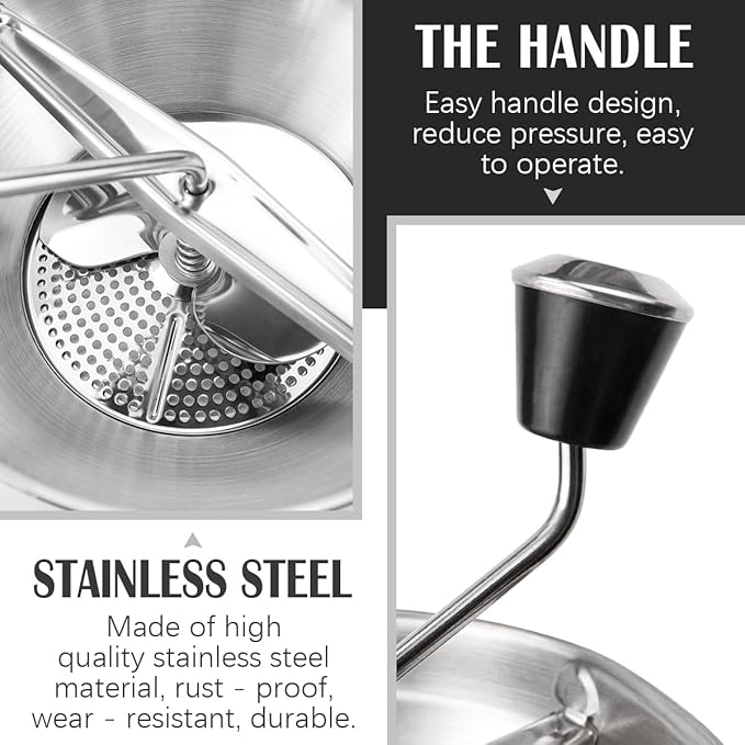 Stainless Steel Potato Ricer with 3 Interchangeable Discs – Heavy Duty Food Mill for Perfect Mashed Potatoes, Tomato Sauce, Canning, Baby Food