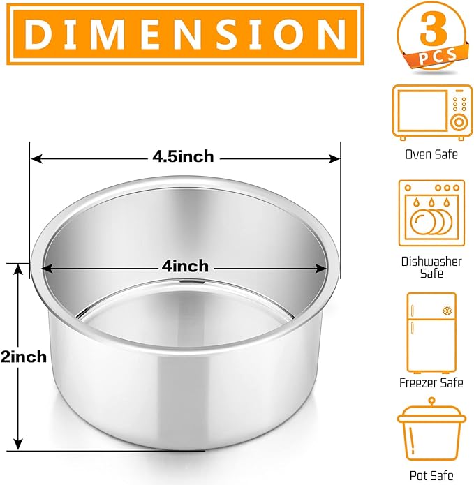 P&P CHEF 4 Inch Round Cake Pan Set of 3, Stainless Steel Round Baking Layer Pans Bakeware for Layer Birthday Cake, Fit Oven/Pots/Pressure Cooker, Leakproof & Dishwasher Safe, Silver