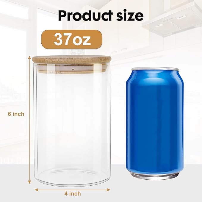 YUNCANG Glass Food Storage Jars 37oz [Set of 6],Clear Glass Food Storage Containers with Airtight Bamboo Lid Stackable Kitchen Canisters for Candy,Cookie,Rice,Sugar,Flour,Pasta