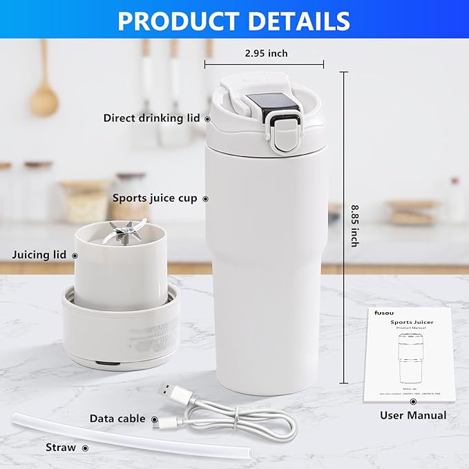 Kawu Portable Blender, 316 Stainless Steel Inner Personal Blender with 10Ps 304 Blades, 23Oz Blenders for Smoothies, USB Rechargeable, BPA Free, Food-Grade, Leakproof Juice Mixer for Gym, Home