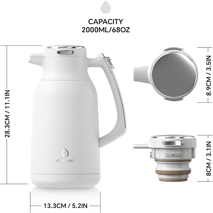 IDEUS Thermal Coffee Carafe 68oz (2,000ml), Stainless Steel Double Wall Insulated Vacuum Flask, Water Jug Coffee Server and Beverage Dispenser, Heat and Cold Retention (White-Silver, 68oz (2,000ml))