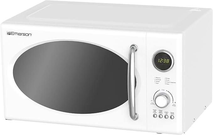 Emerson MWRG0901W Retro Microwave with 1,000W Grill Function 800W Cooking, LED Display, 5 Power Levels, 8 Auto Menus, Glass Turntable, Child Lock, 0.9 Cu. Ft, White Countertop Design