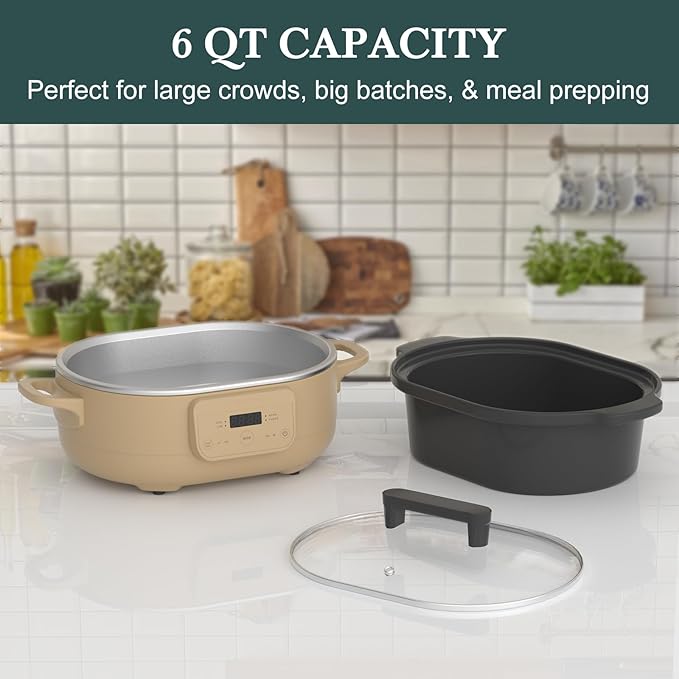 6 Quart Programmable Slow Cooker Removable Healthy Nonstick Pot - Small Kitchen Appliance for Family Dinners - Serves 6+ People - Heat Settings: Keep Warm, Brown Sugar