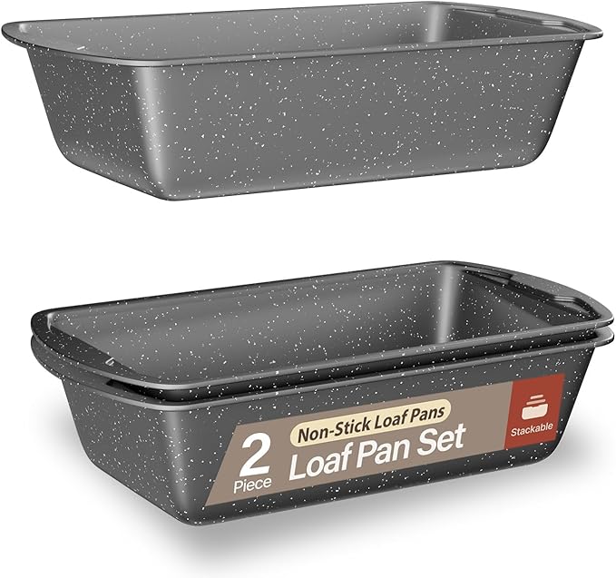 Nonstick Loaf Pan Set Pack of 2, 10.2" & 11" Large Baking Bread Pan, Oven Safe Up to 450°F, PFOA, PFOS, PTFE Free, Space Saving Stackable Design, Stain Resistant, Dishwasher Friendly, Gray Marble