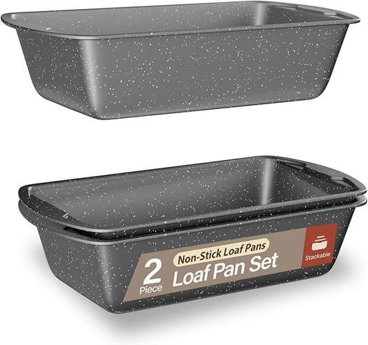 Nonstick Loaf Pan Set Pack of 2, 10.2" & 11" Large Baking Bread Pan, Oven Safe Up to 450°F, PFOA, PFOS, PTFE Free, Space Saving Stackable Design, Stain Resistant, Dishwasher Friendly, Gray Marble