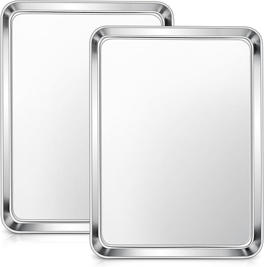 E-far Baking Sheets Set of 2, 16” x12” Stainless Steel Cookie Sheets Pans for Oven, Non-toxic Metal Trays for Baking Cake Cookie, Healthy & Rust Free, Mirror Finish & Dishwasher Safe