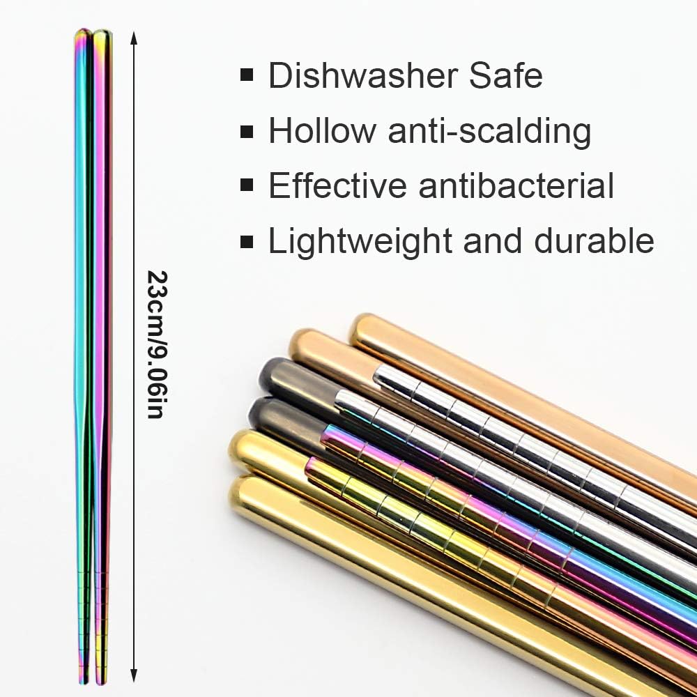 Stainless Steel Chopsticks Reusable Multicolor Lightweight 304 Metal Chopsticks Dishwasher Safe - 5 Pairs (Multi)
