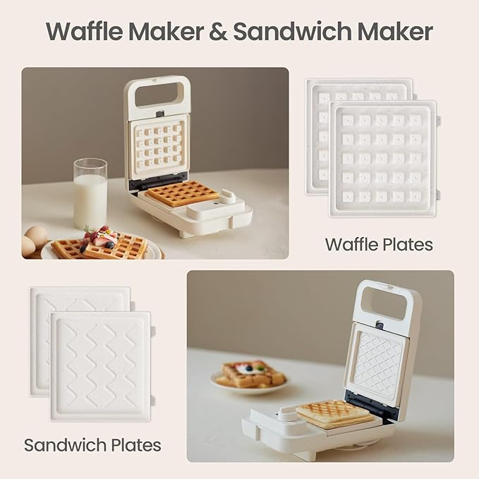Waffle Sandwich Maker 2 in 1 Grill, Olayks Compact Waffle Makers with Removable Non-Stick Plates, Perfect for Cooking Grilled Cheese, Tuna Melts, Burgers, Steaks and Snacks