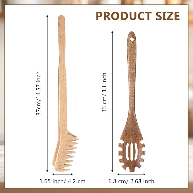 Baderke 2 Pcs Wooden Pasta Spoon with Teeth Large Spaghetti Spoon Utensil, 9.4'' Pasta Tong and 13'' Pasta Fork with Handle, Comfortable Grip Design Server Spoons for Kitchen Spaghetti Noodle