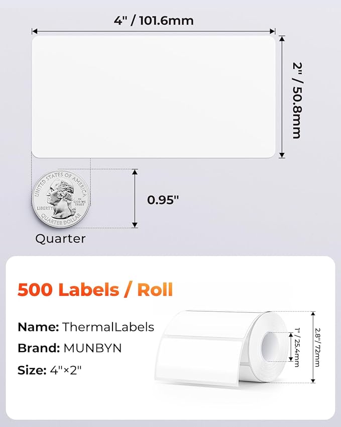 MUNBYN 4” X 2” Direct Thermal Labels, Thermal Printer Stickers, Strong Adhesive & Perforated Labels Paper for Barcode, Mailing, 500 Sheets/1 Roll
