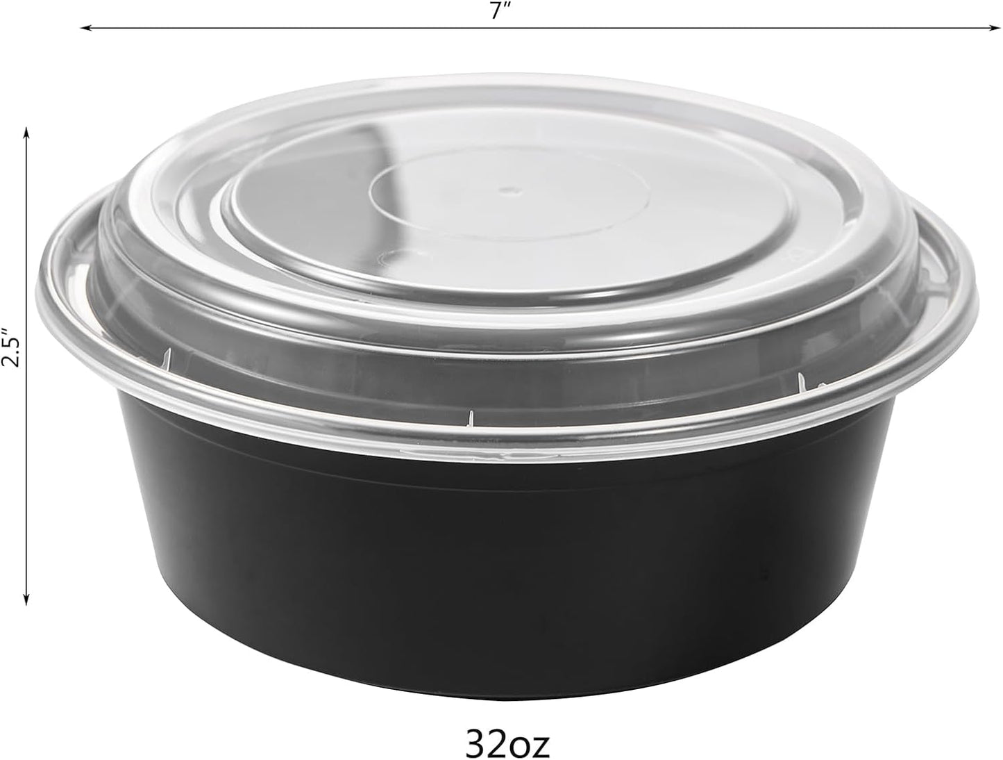 FULING 32 oz 150 ct Round Meal Prep Containers with Lids Plastic Food Storage Lunch Plan To Go Box Disposable Take Out Bowls Black BPA Free Reusable Durable Stackable Microwave Freezer Dishwasher Safe