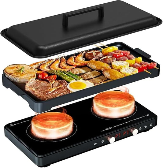 Portable Double Induction Cooktop with Removable Non-Stick Cast Iron Griddle Pan, 2 Burner Electric Stove with Timer & Digital Temperature Control, Black