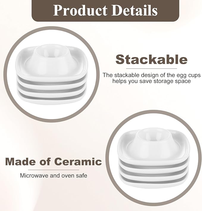 8PCS Ceramics Egg Holder, Stackable Egg Cups for Soft Boiled Eggs, White Egg Cups Porcelain Egg Dish with Base for Hard and Soft Eggs