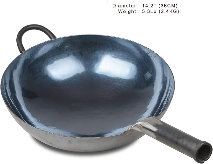 臻三环 ZhenSanHuan Chinese Hand Hammered Iron Woks and Stir Fry Pans, Non-stick, No Coating, Carbon Steel Pow (36CM, BlueBlack Seasoned with help handle)
