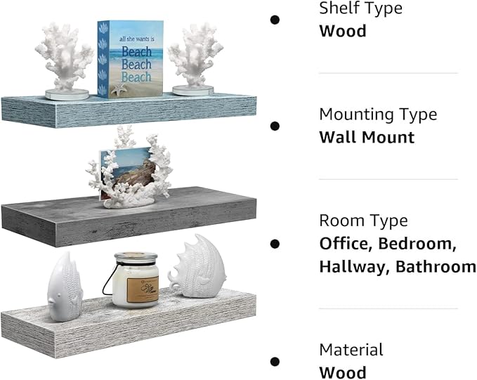 Sorbus Floating Shelves - 3 Pack 16 Inch Rustic Grey Blue Rustic Wall Shelves for Bedroom, Kitchen, Living Room, Bathroom Shelves, Home Decor, Office - Floating Shelf for Trophies, Frames