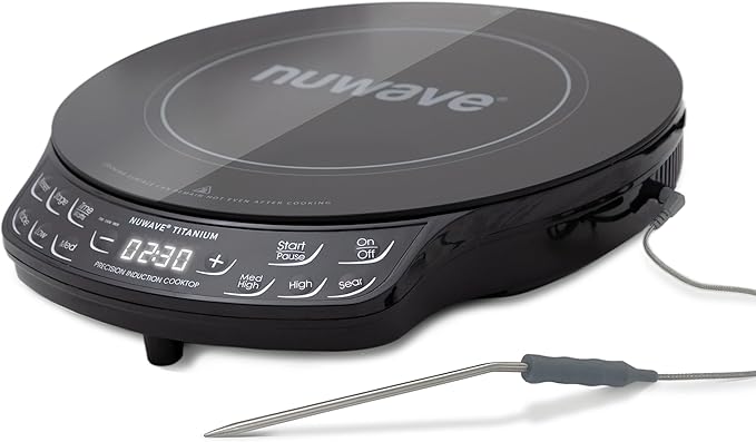 Nuwave Upgraded Induction Cooktop, 3 Wattage Control, Patented Digital Temp Probe, 8”Large Heating Coil, 12”Shatter-Proof Ceramic Glass,106 Temps-Ctrl