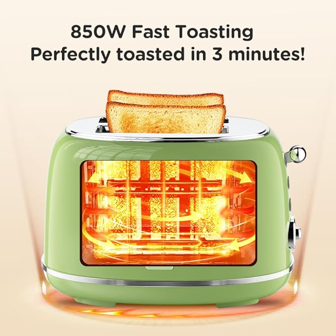 Toaster Retro 2 Slice, Vintage Green Toaster with Lid, with Bread Attachment, Preheat, Defrost And Cancel Functions, 6 Browning Levels (Green)