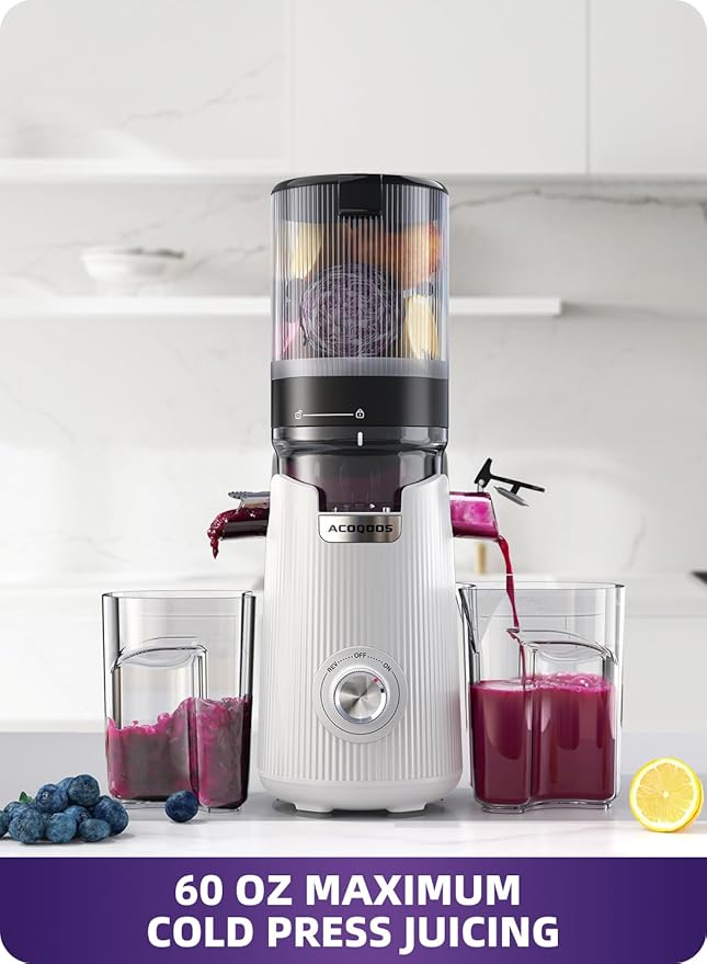 ACOQOOS Juicer Machines, Cold Press Juicer Whole Fruit and Vegetable with 5.3" Wider and Larger Feeding Chute (Capacity 1.8L), Easy to Clean Juicers with 2 Cups, Masticating Juicer White