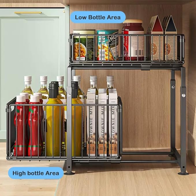 Under Sink Organizer with Adjustable Height, 2 Tier Pull Out Cabinet Design, Sliding Sink Shelf for Enhanced Storage Capacity, Counter Organizer Storage for Kitchen & Bathroom, Black, 1 Pack