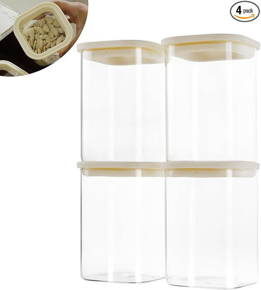 4pcs 40oz Square Pantry Glass Jars with Clear Airtight Lids Kitchen Canisters Sets for Flour, Sugar Refrigerator Safe, Patent Approved