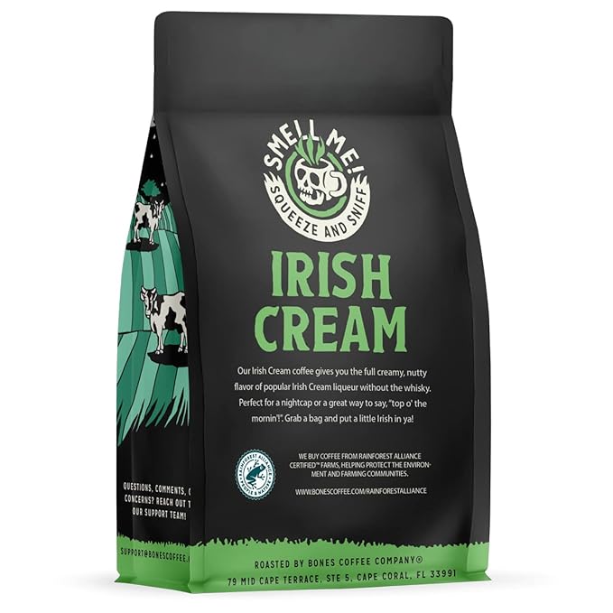 Bones Coffee Company Irish Cream, Creamy Liqueur Flavored Coffee, Medium Roast Low Acid Arabica Beans Compatible with Auto drip and French Press Coffee Maker, 12 Oz Ground