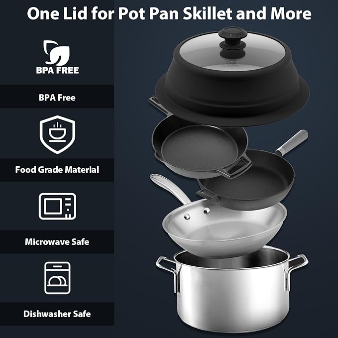 Collapsible Microwave Splatter Lid with Vented Tempered Glass Cover Wok Lid for Microwave Safe, Stockpot Steamer Pot Pan 10.5-11 inch Universal Multifunction Silicone Cover