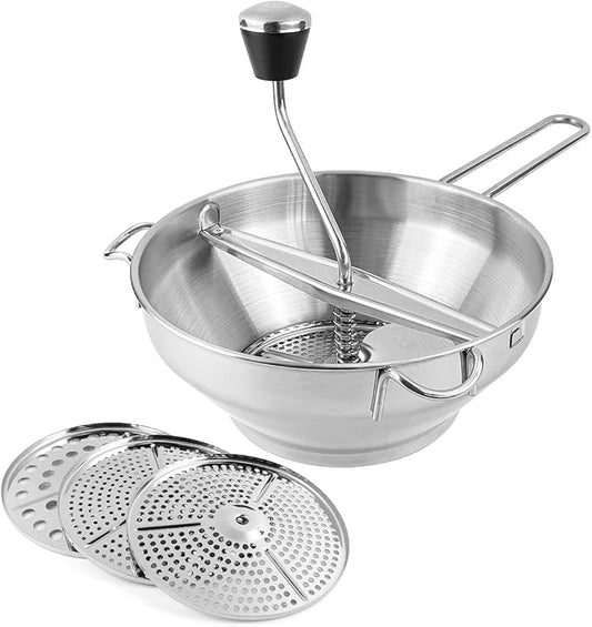 Stainless Steel Potato Ricer with 3 Interchangeable Discs – Heavy Duty Food Mill for Perfect Mashed Potatoes, Tomato Sauce, Canning, Baby Food