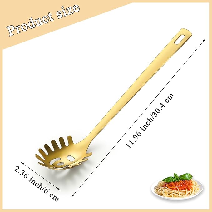 Gold Spaghetti Spoon, ReaNea Pasta Server, Stainless Steel Pasta Spoon with Teeth, One-Piece Metal Pasta Fork, Noddle Fork Gold Kitchen Accessories Utensils, Heat Resistant, Dishwasher Safe