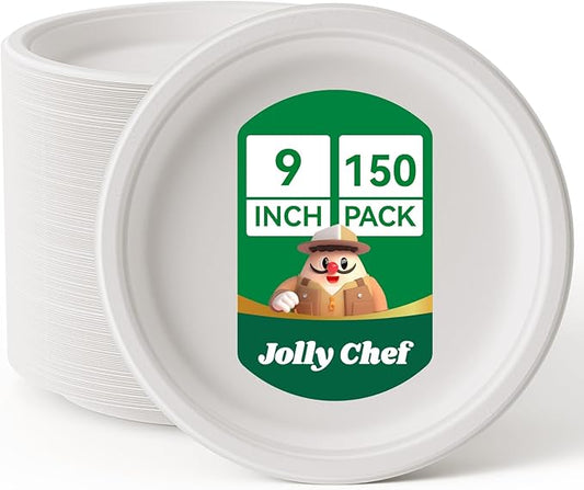 JOLLY CHEF Compostable Heavy Duty Plates 9 Inch [150 Pack] Eco-Friendly Disposable Natural Paper Plates Bagasse Biodegradable Bulk for Party Dinner Sugarcane Fibers Round 150 Count(White)