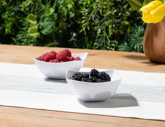 Posh Setting - White Plastic Serving Bowls for Party (8oz - 4 Pack) Square, Disposable, Salad & Fruit Bowls for Party Table, Candy Containers for Candy Buffet