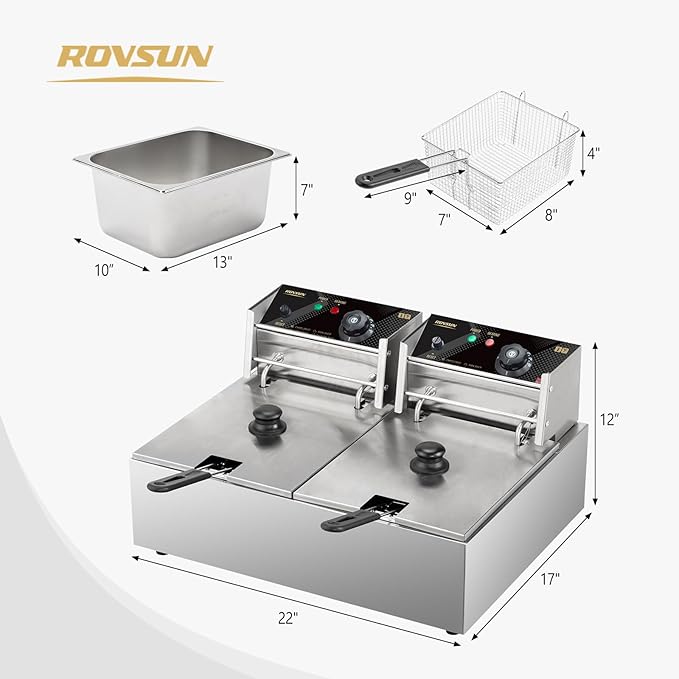 ROVSUN 22.8QT Commercial Deep Fryer with Baskets & Lids, 21.8L Stainless Steel Electric Double Fryer, Countertop Kitchen Frying Machine w/Temperature Control, French Fries Donuts 3400W