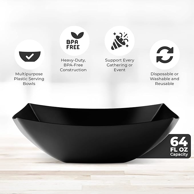 Posh Setting - Black Plastic Serving Bowls for Party (64oz - 4 Pack) Square, Disposable & Fruit Bowls for Party Table, Candy Containers for Candy Buffet