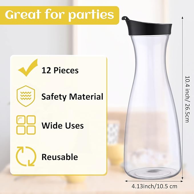 Xinnun 12 Pcs Water Carafe with Flip Top Lid Plastic Carafe with Black Lid Clear Plastic Water or Juice Beverage Pitcher Beverage Pitcher Jug for Restaurant Party School Bar Juice Milk Coffee