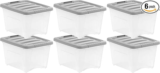 Amazon Basics Plastic Storage Containers with Secure Latching Lids, Stackable Organization Bins, Clear/Grey, 19 Quart, Set of 6
