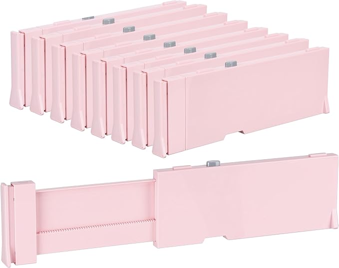 Vtopmart 8 Pack Drawer Dividers for Clothes, 4" High 11.6"-17" Adjustable Expandable Dresser Drawer Organizer, Plastic Separators for Dresser, Baby Clothes, Underwear, Kitchen & Office Storage, Pink