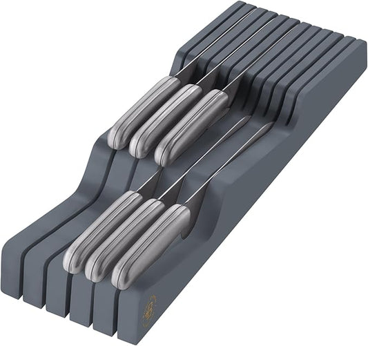 In-Drawer Knife Block - Bamboo Knife Drawer Organizer for Kitchen - Fits 5 Long + 6 Short Knives, Store Knives with Blades Pointing Down - Wooden Steak knife Holder without Knives (Grey)