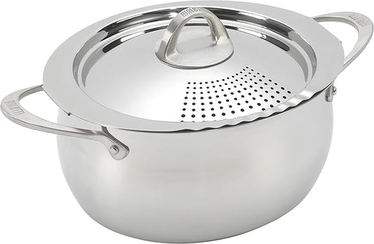 Bialetti 6-Quart Nonstick Aluminum Pasta Pot with Strainer Lid and Handles, PFOA-Free Nonstick Oval Cooking Pot and Lid, Silver