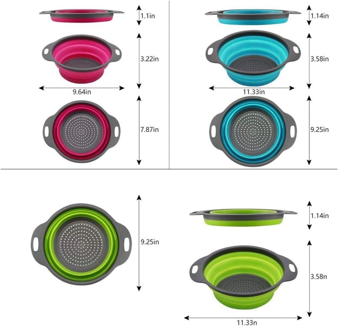 New and improved- Set of 3 Niklye Ultimate Kitchen Strainers—1×10” & 2×12” Collapsible Silicone Colanders. Now more durable and robust for everyday use with pasta, veggies, fruit & more.