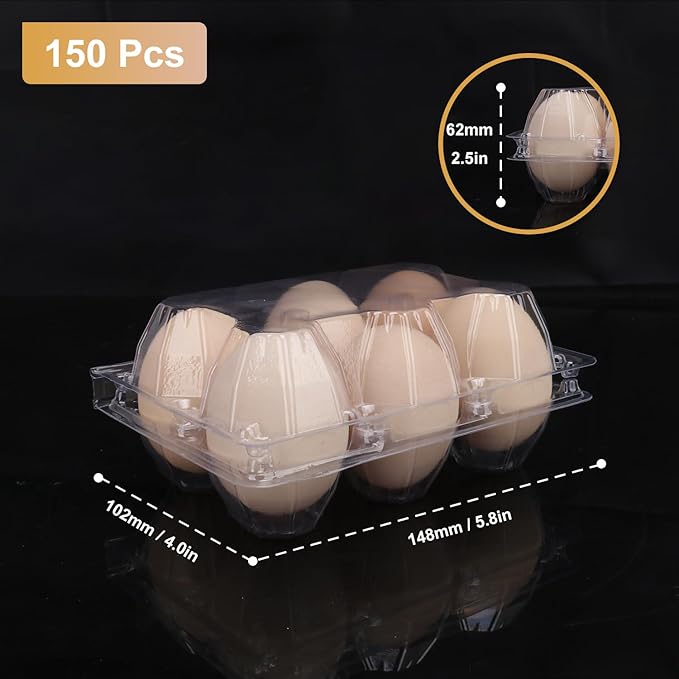 150 Pack Half Dozen Egg Cartons Bulk, 2x3 Clear Plastic Chicken Egg Holders, Egg Tray Carton Holder for Home & Kitchen, Farm & Market Use, Egg Storage Solution, 6 Grids(Medium Size)