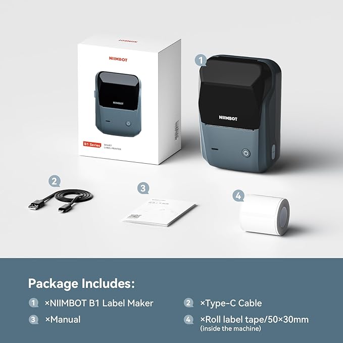 NIIMBOT B1 Label Maker Machine with Tape, 2 Inch Portable Sticker Printer for Home School & Small Business, Compatible with Phones & PC, Blue