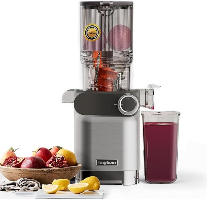 Cold Press Juicer, 200W Masticating Slow Juicer 4.3" Large Feed Chute Fit Whole Fruits Vegetables | Upgraded Auger | Tritan Material | BPA Free | Juice Recipes (Silver)
