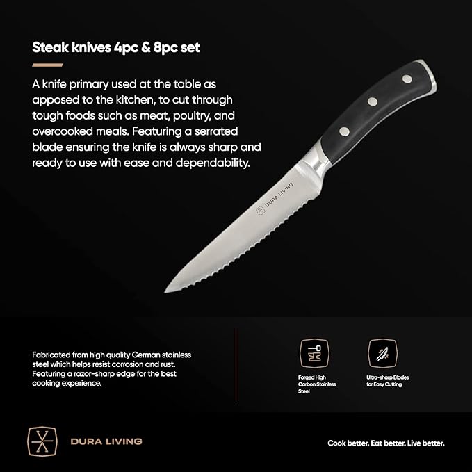 4-Piece Serrated Kitchen Steak Knife Set – Forged High Carbon Stainless Steel, Ultra Sharp, Ergonomic Black Handles, Durable Dinner Knives, Black Handle