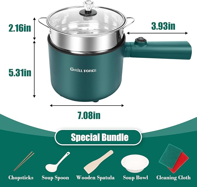 Electric Hot Pot with Steamer, 1.8L Ramen Cooker, Portable Cooking Pot Non-Stick Sauté Pan, Electric Pot for Pasta, Egg, Steak, BPA Free,Dual Power Control, Suit Dorm Room, Travel,RV,Hotel