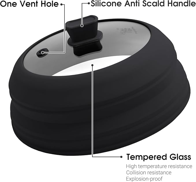 Microwave Splatter Cover Glass Microwave Cover for Food Collapsible Splatter Guard Lid with Silicone Handle for Pot Plate Bowl 10.5 Inch Black