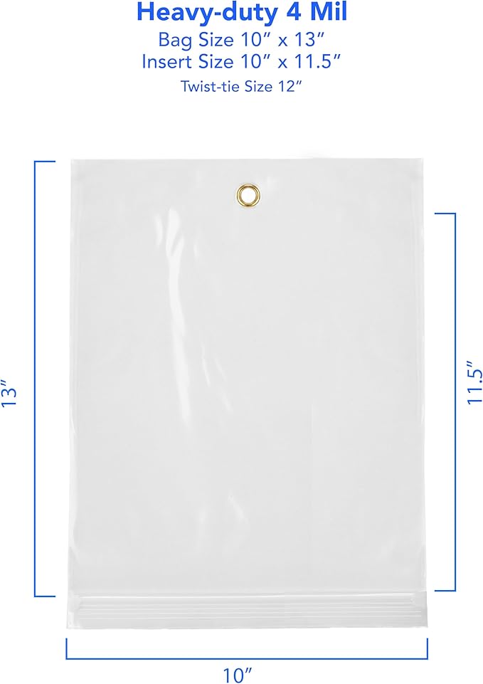 GPI - 10" x 13" Reclosable Zip Bags with Bottom Hang-hole & Pre-inserted 12" Twist-tie. 4 Mil Heavy-duty Resealable Zipper Baggy with Grommet/Metal Eyelet for Hanging (Insert Size 10x11.5) 1000 Pack