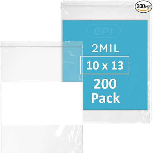 10" x 13" Large Zip Bags, 2 Mil Thick Clear Plastic Reclosable Zipper Lock Bags with Write-on White Block, with Resealable Zip Top Lock for Food Storage & Office Supplies, 200 Count