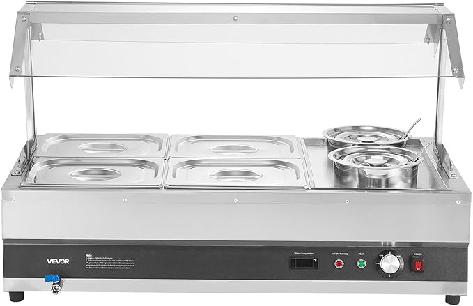VEVOR Electric Soup Warmer, Two 6.34QT Pots & Four 1/2 Pans, Stainless Steel Commercial Food Warmer with 86~185°F Adjustable Temp, 1500W Bain Marie with Cover, Soup Station for Restaurant, Buffet